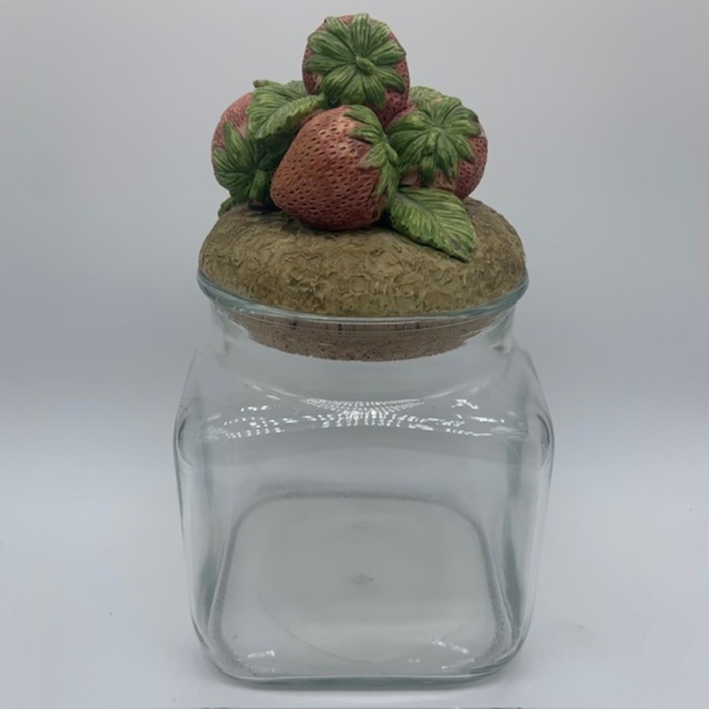 Strawberry Glass Canister Cottagecore Kitchen Storage Jar Ceramic Fruit Lid Cork